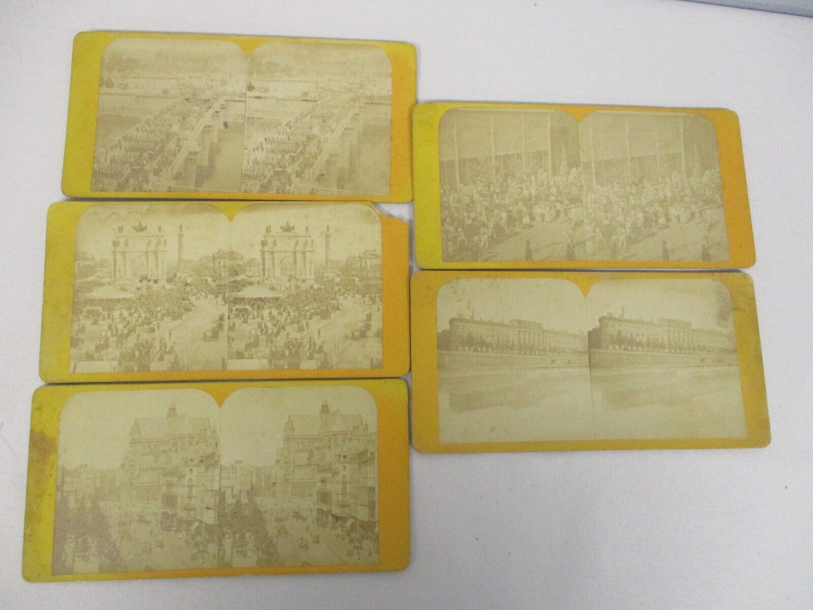 5 ANTIQUE STEREOVIEW CARDS with SCENES OF EUROPE ~ PARADE & STREET SCENES