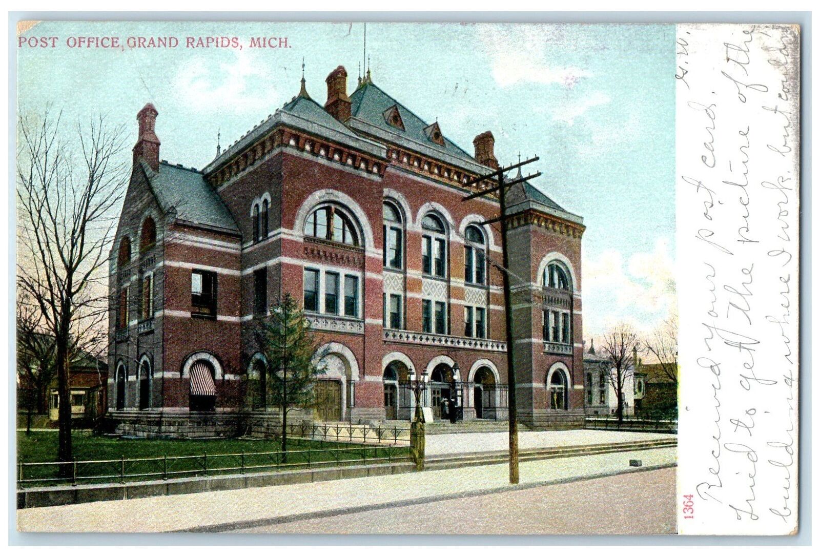 1907 Post Office Exterior Roadside Grand Rapids Michigan MI Posted Tree Postcard