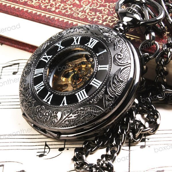 NEW Antique Vintage Black Roman-Numerals Stainless Steel Mechanical Pocket Watch