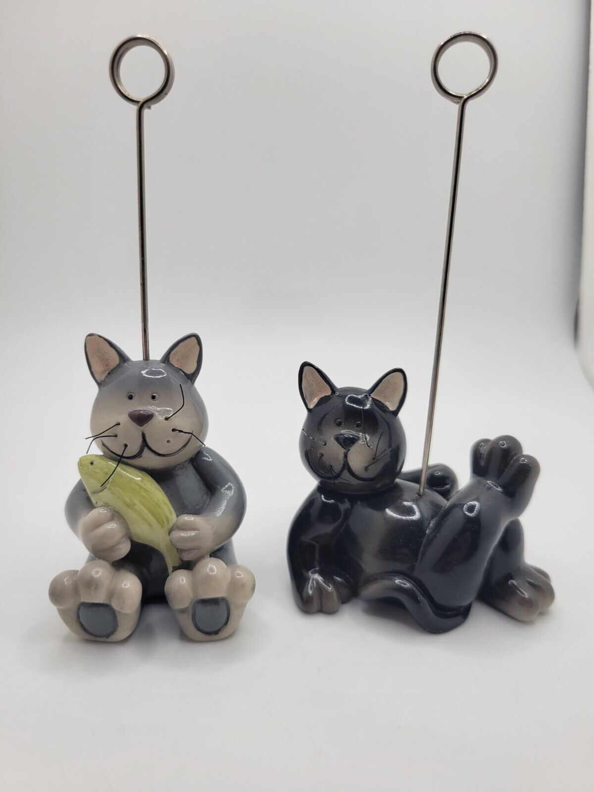 Set of Two Cat Figurine Photo Card Note Holder Resin