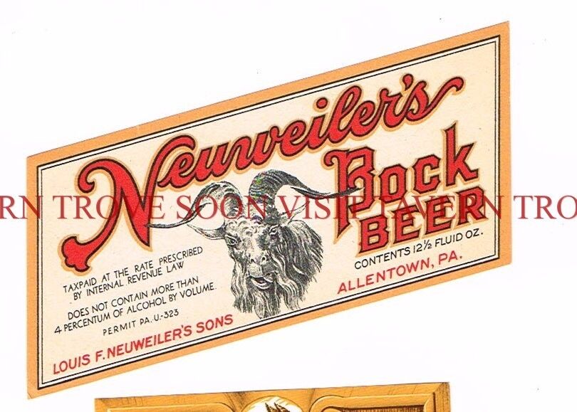 Unused 1930s U-Permit Neuweiler\'s Bock Beer Label Tavern Trove Pennsylvania