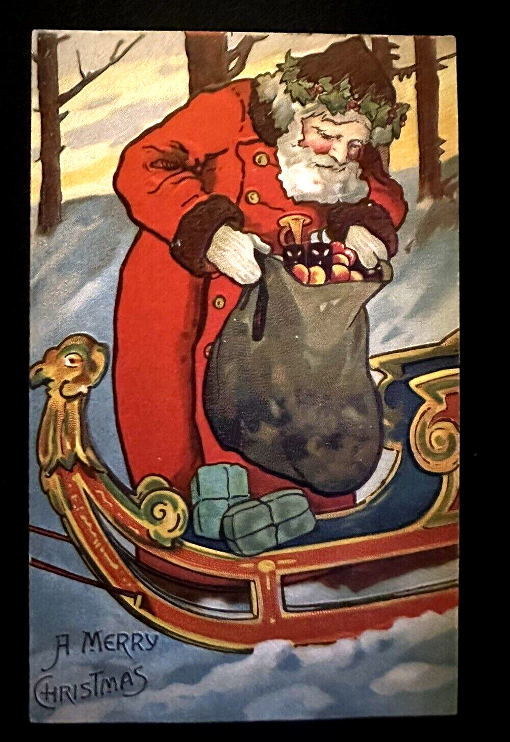 Beautiful~Santa Claus with Sled~Toy Bag~Antique~Embossed~Christmas~Postcard~k703