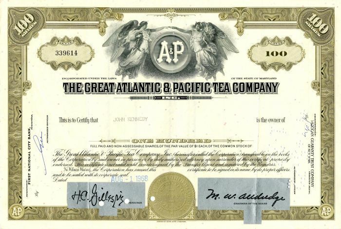 Great Atlantic and Pacific Tea Co. issued to John Kennedy - Stock Certificate - 