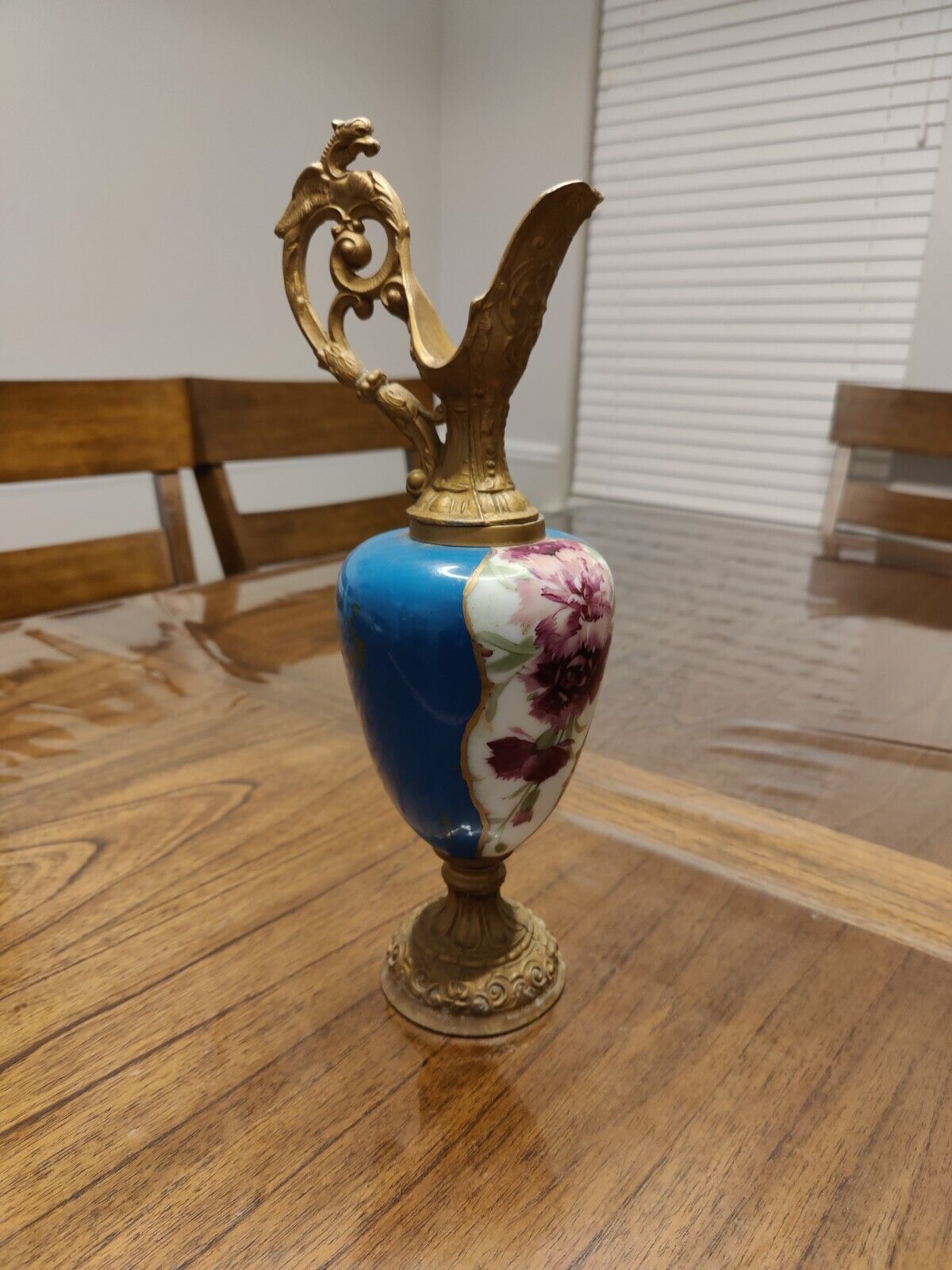 Antique Ornate Brass and Blue Enamel Decorative Mantle Urn