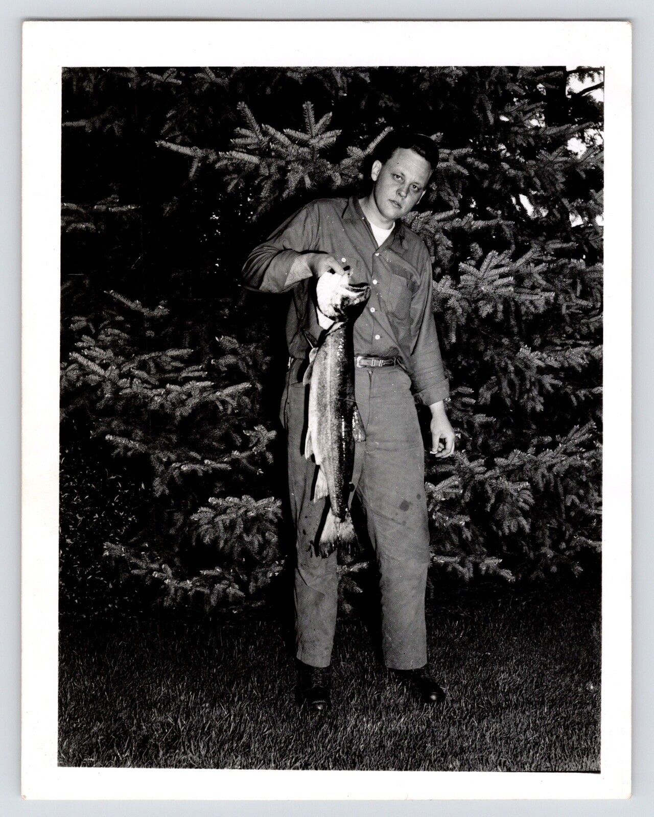 c1950s Fishing~Large Salmon Catch~Young Fisherman~Original VTG B&W Photograph