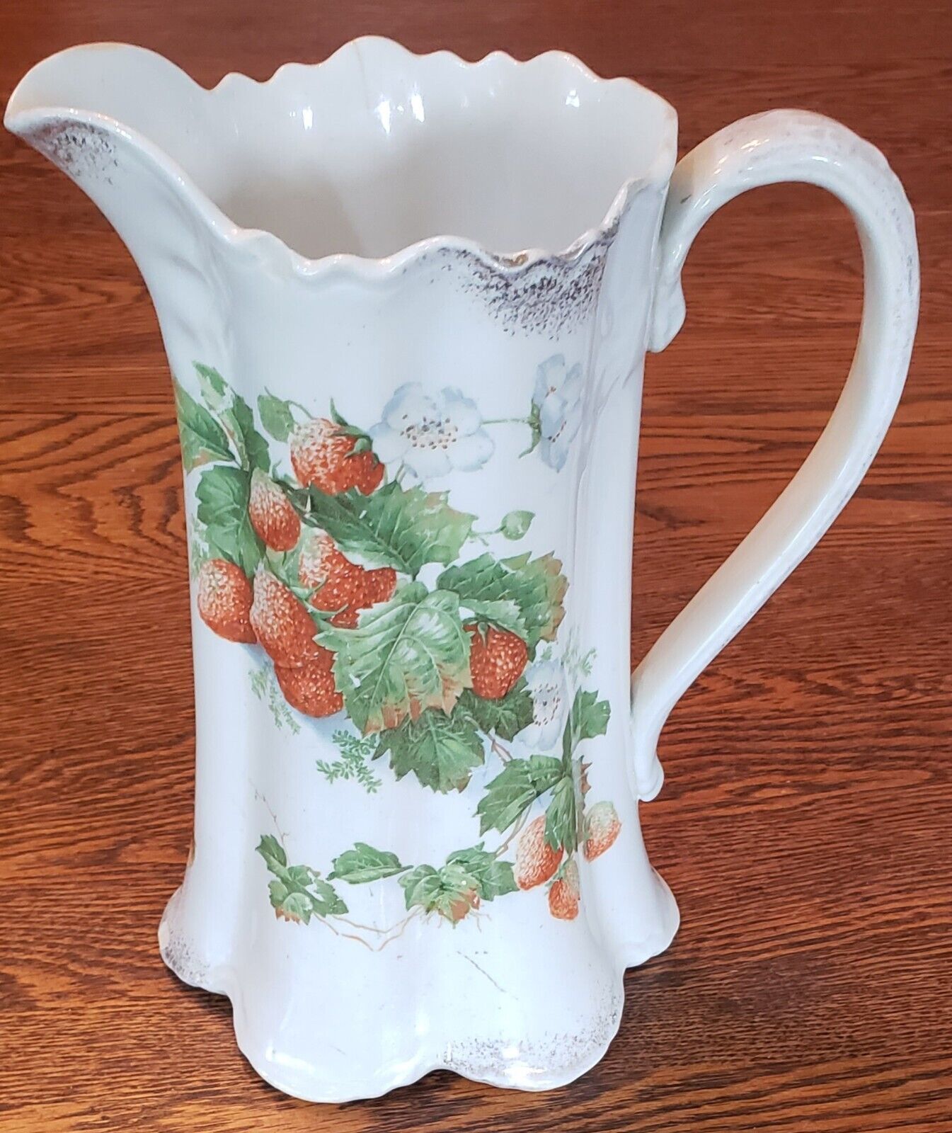 Antique Harker Semi-Porcelain Pitcher Strawberries w/Gold Edging Rare 8\