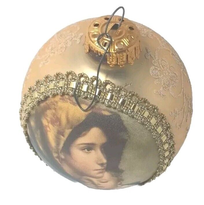  West German Glass Ornament With Silk Picture of Mother & Child 