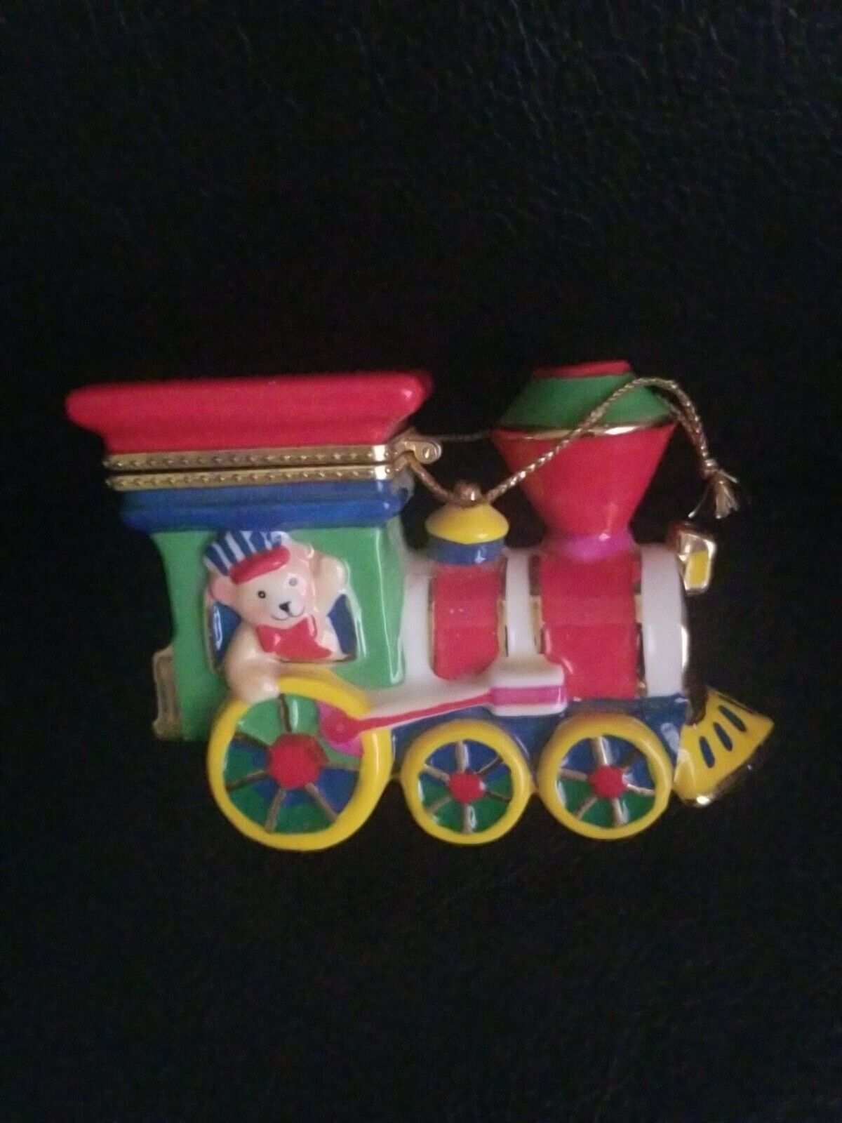 AGC. Inc 2001 Porcelain Trinket Box Colorful Train with Teddy Bear Christmas
