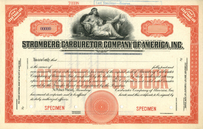 Stromberg Carburetor Co. of America, Inc - Specimen Stocks & Bonds