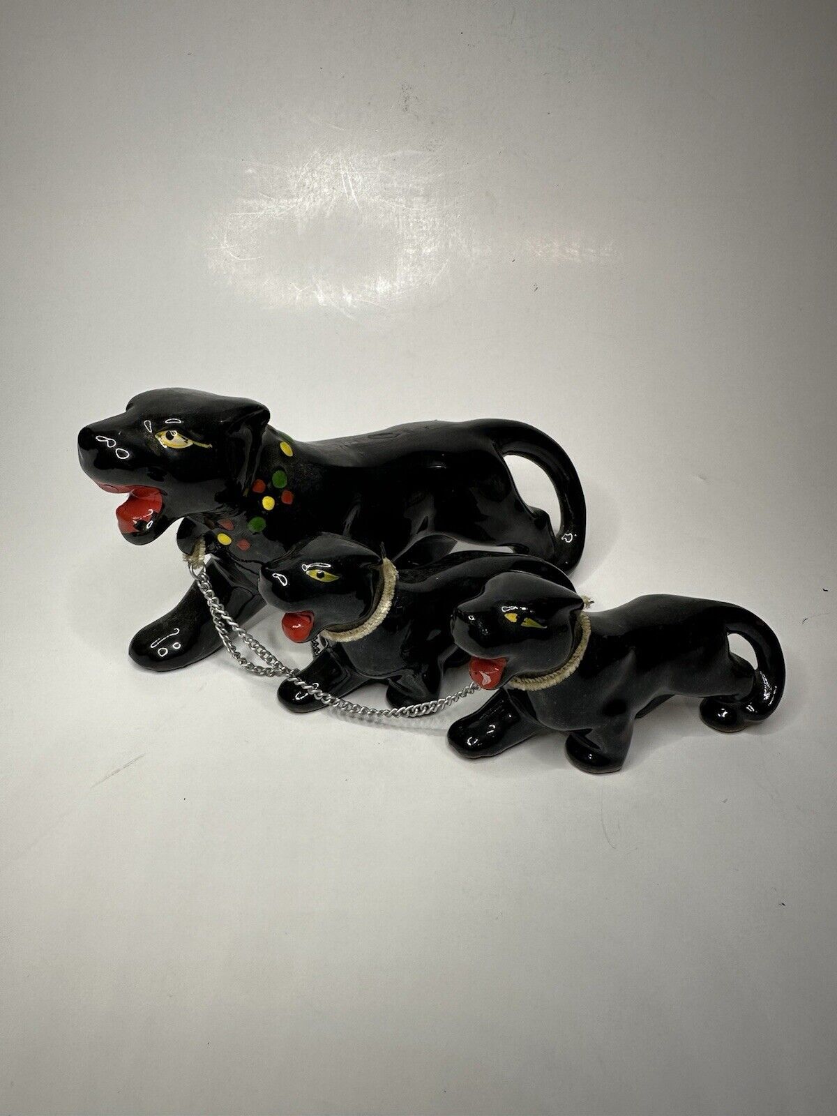 Vintage Redware Panther Family Chained Mom and Babies Made In Japan w Sticker 