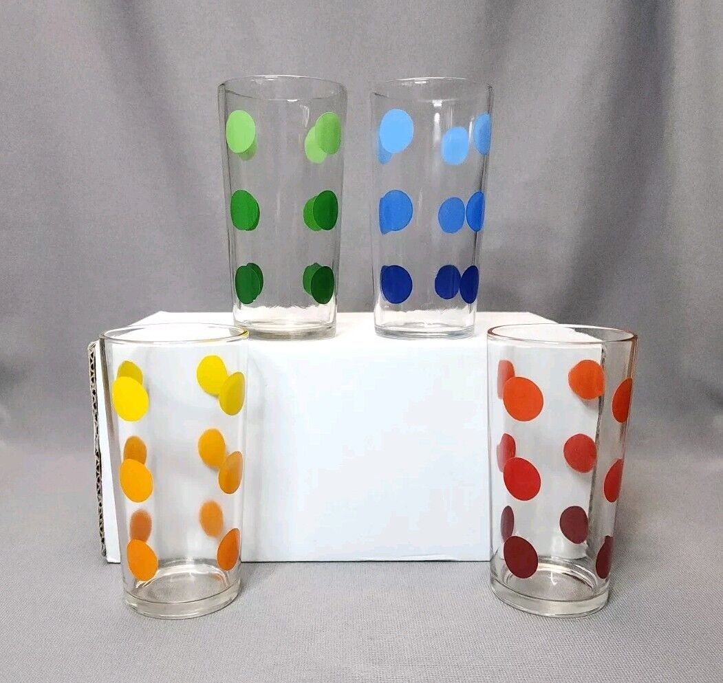 Vintage Polka Dots Juice Tumblers Retro Drinking Glass Set of 4 Glasses 10 oz