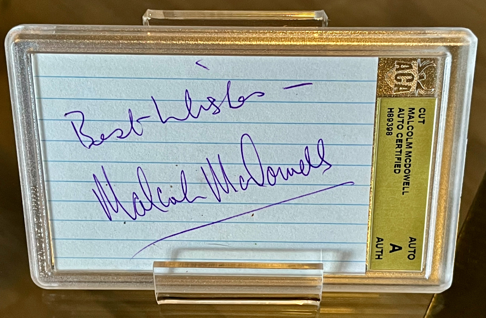 MALCOM McDOWELL Signed Index Card / Autograph ACA Authentic Clockwork Orange
