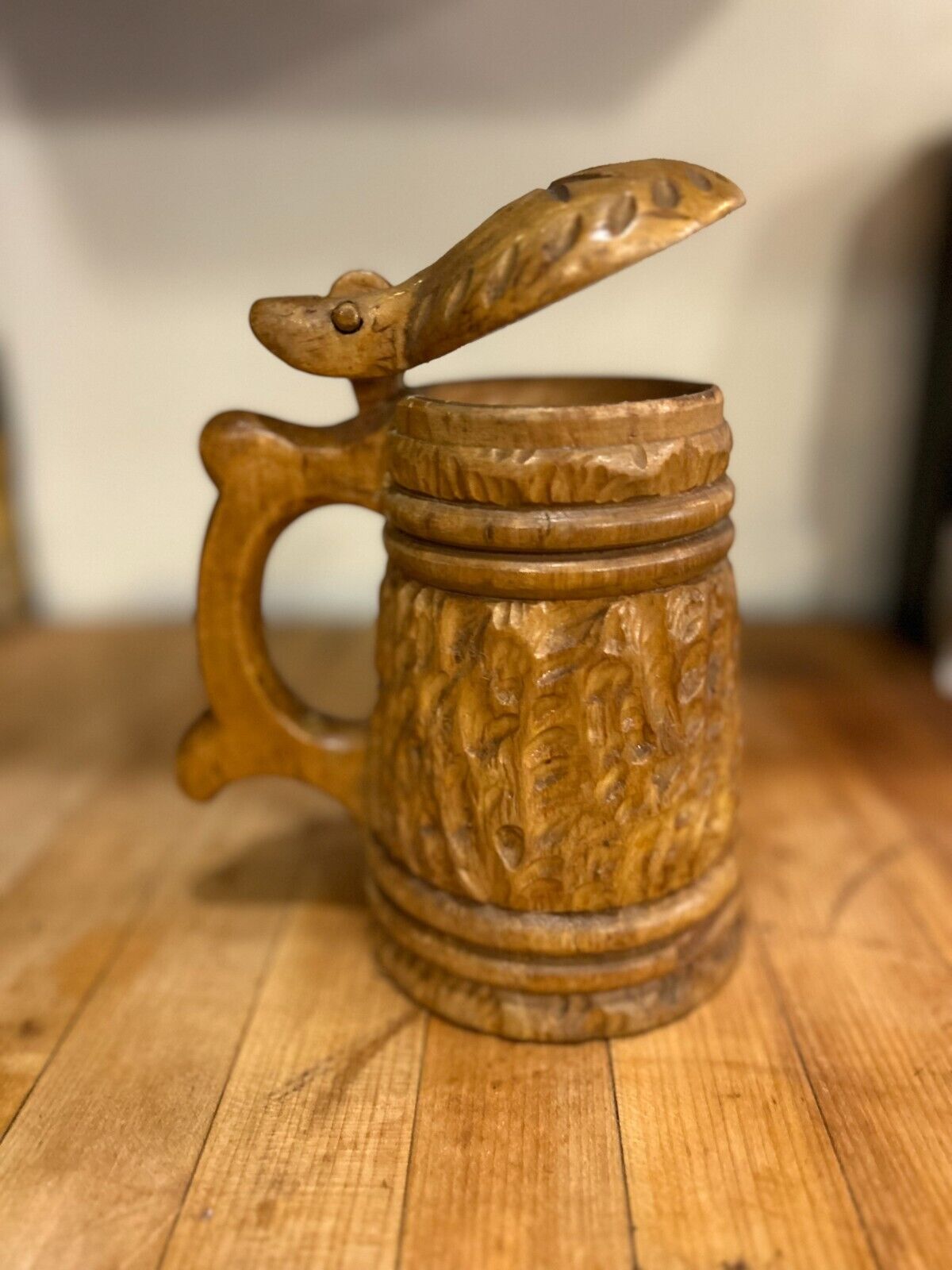 Finnish handcrafted wooden stein with vintage tag on bottom