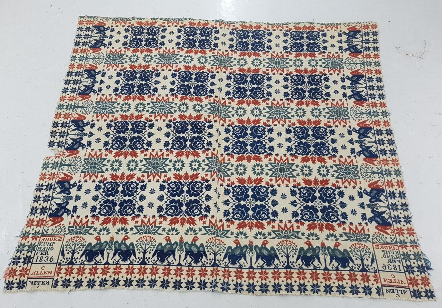 1836 Antique American ANDRE Reversible Loom Woven Jacquard Coverlet 190x180 cm