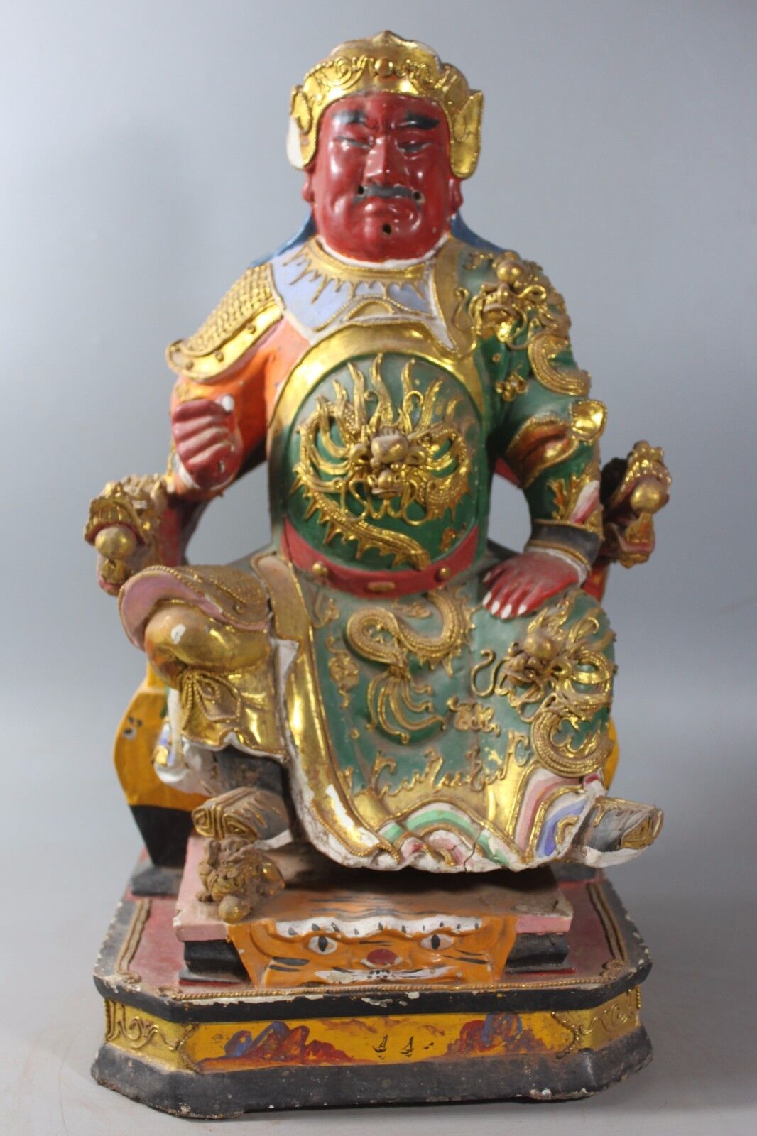 Antique Chinese 17”Guandi-sword Warrior Wealth Buddha Sitting Statue Camphorwood