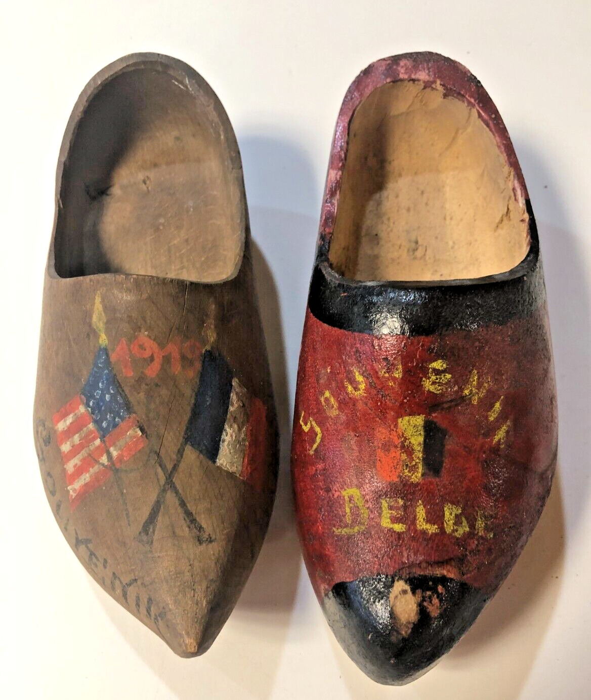 Antique 1919 WWI Belgium, France, USA, & England Wooden Shoes Souvenir 7.5