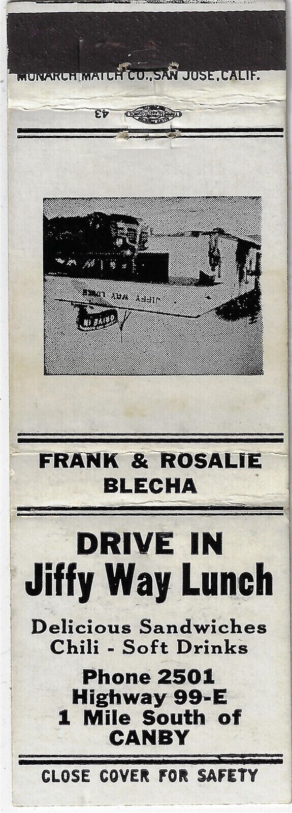 Drive In Jiffy Way Lunch Frank & Rosalie Belcha South of Canby Empty Matchcover