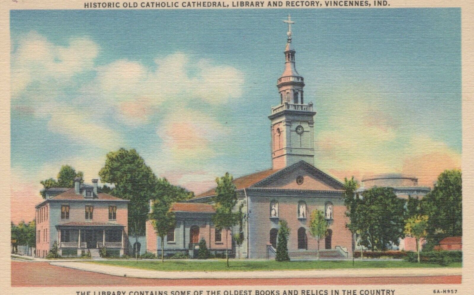 Historic Old Catholic Cathedral Library Vincennes Indiana Vintage Linen PostCard
