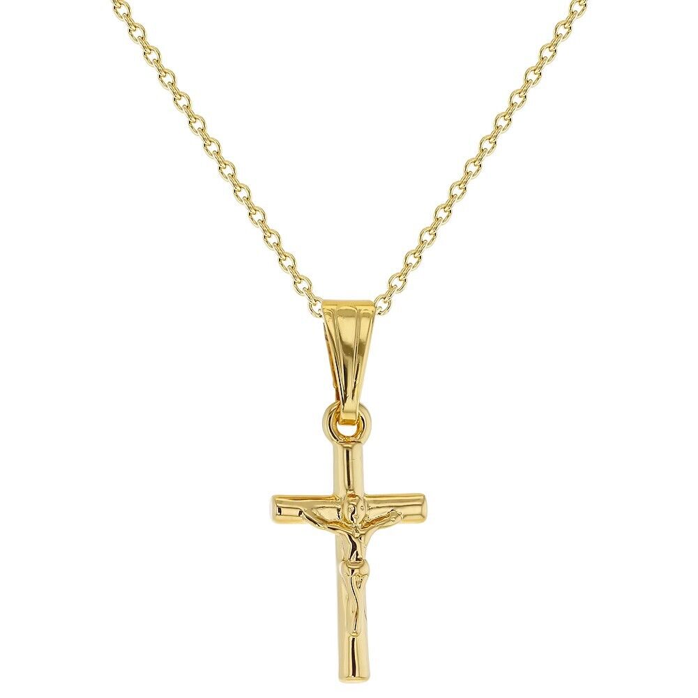 Gold Plated Small Jesus Crucifix Cross Pendant Catholic Necklace for Kids 16\