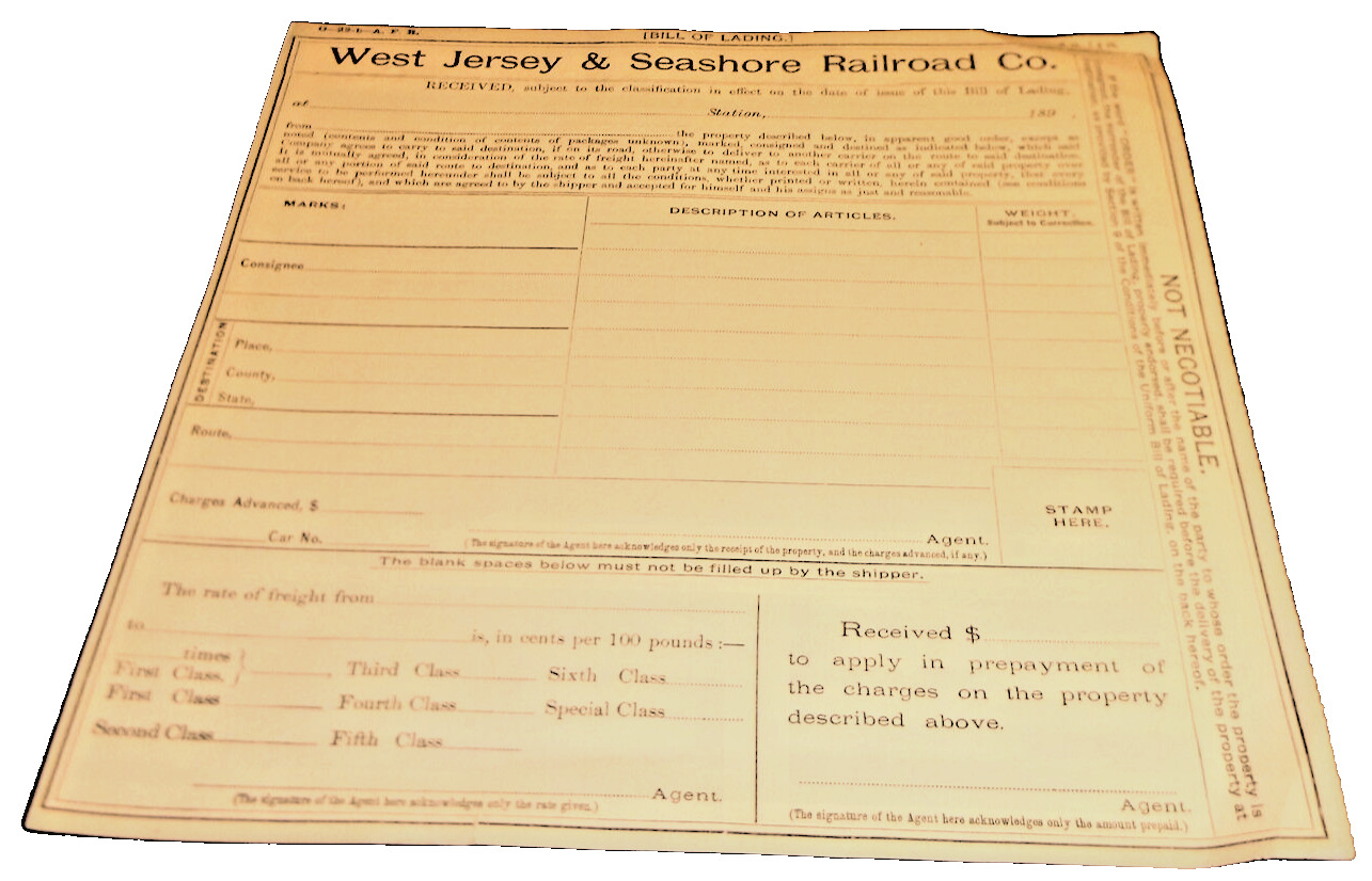 JULY 1898 PRR WEST JERSEY & SEASHORE RAILROAD BILL OF LADING