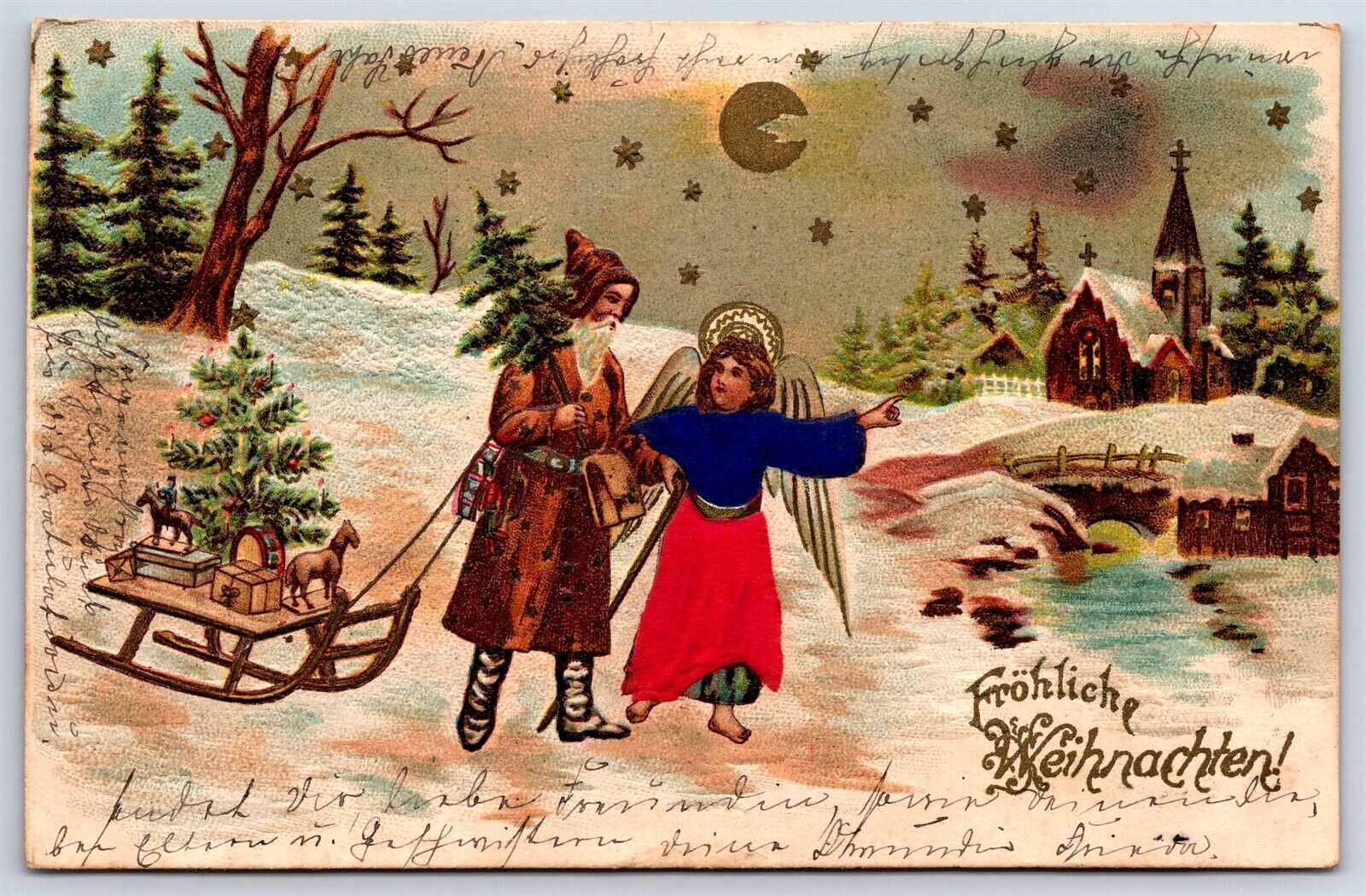 Postcard German Merry Christmas Frohe Weihnachten Brown Santa & Angel c1903 AP5