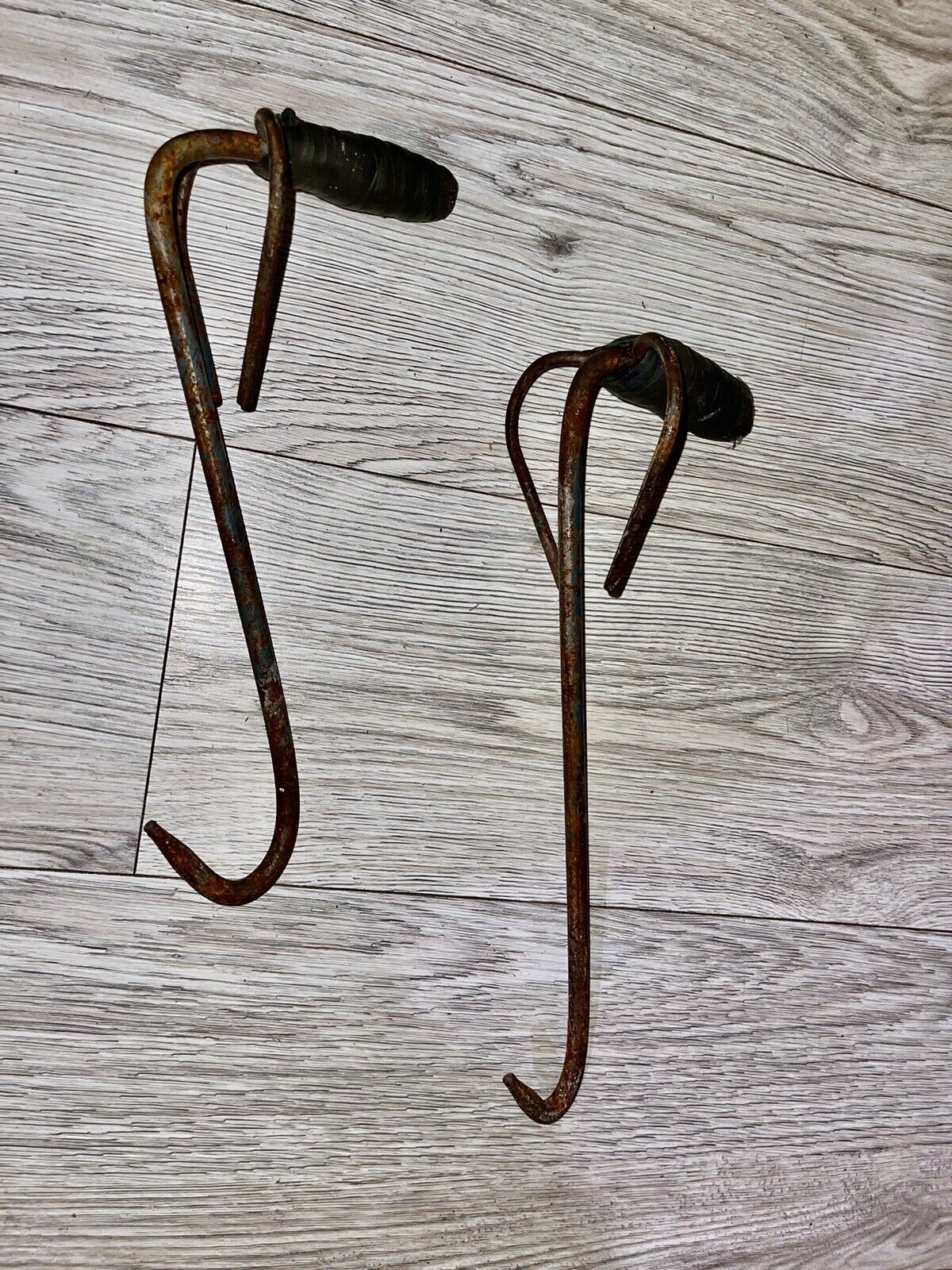 2 Vintage/Antique Unique Iron Metal Hay Hooks. One 15” And One 13 1/2”.