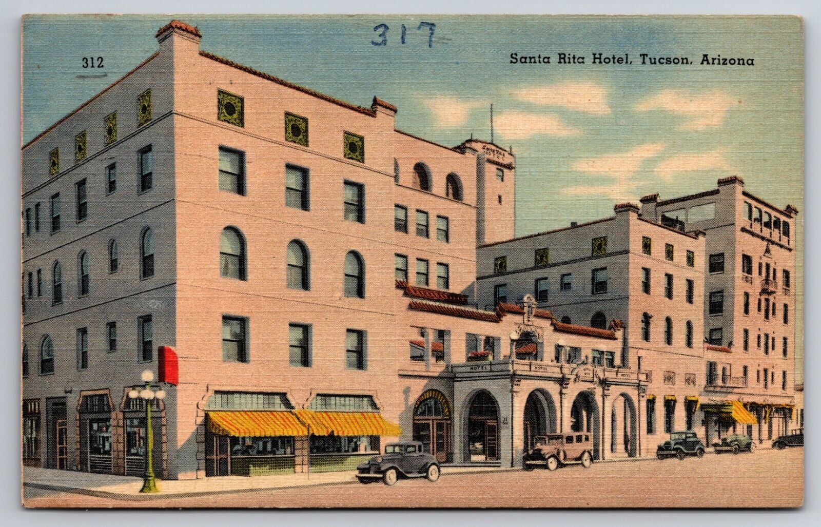 Santa Rita Hotel Tucson Arizona AZ Old Cars Linen c1940 Postcard