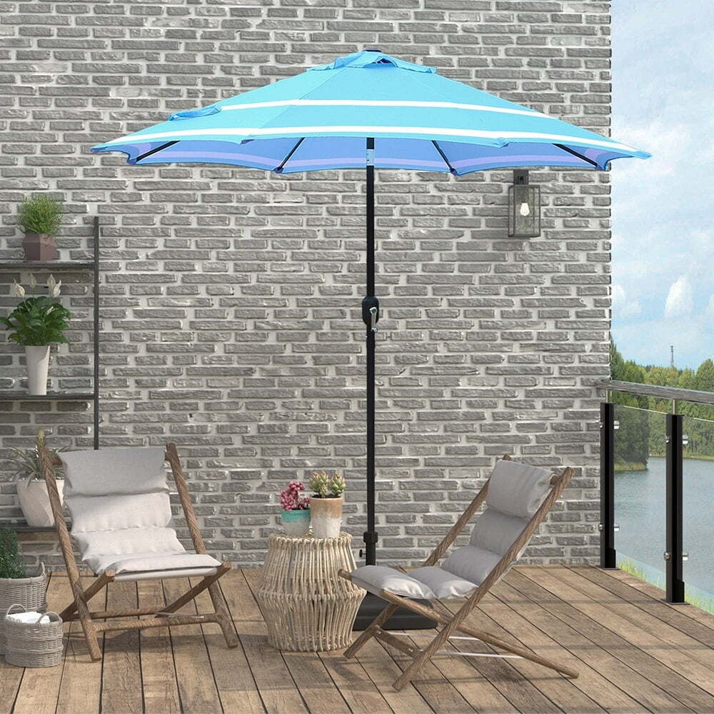 Outdoor 9ft Patio Umbrella with Crank and Tilt - Aqua and White Stripe