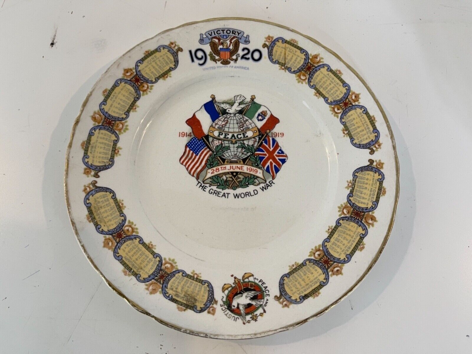 Antique “The Great World War” Peace and Justice Porcelain Calendar Plate