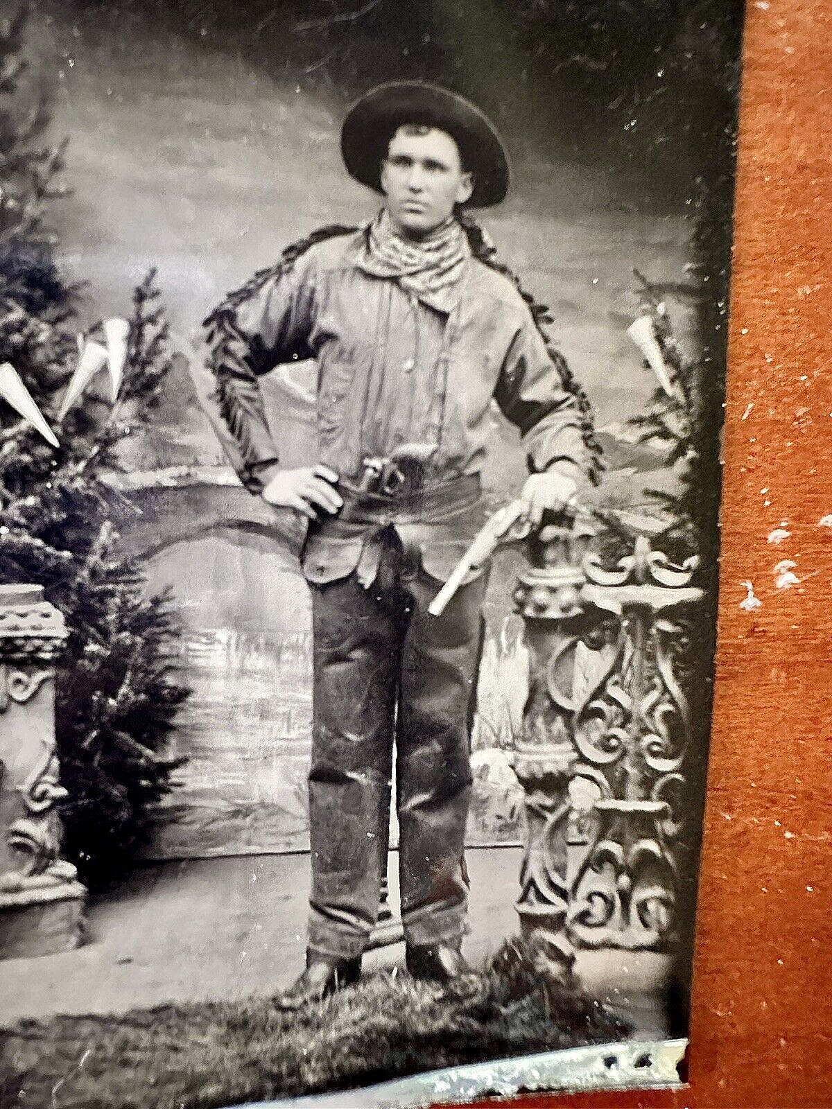 Antique Tintype Photo Double armed Cowboy African American Photographer Colorado