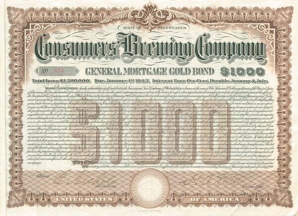 Consumers Brewing Co. - $1,000 - Bond - Breweries & Distilleries