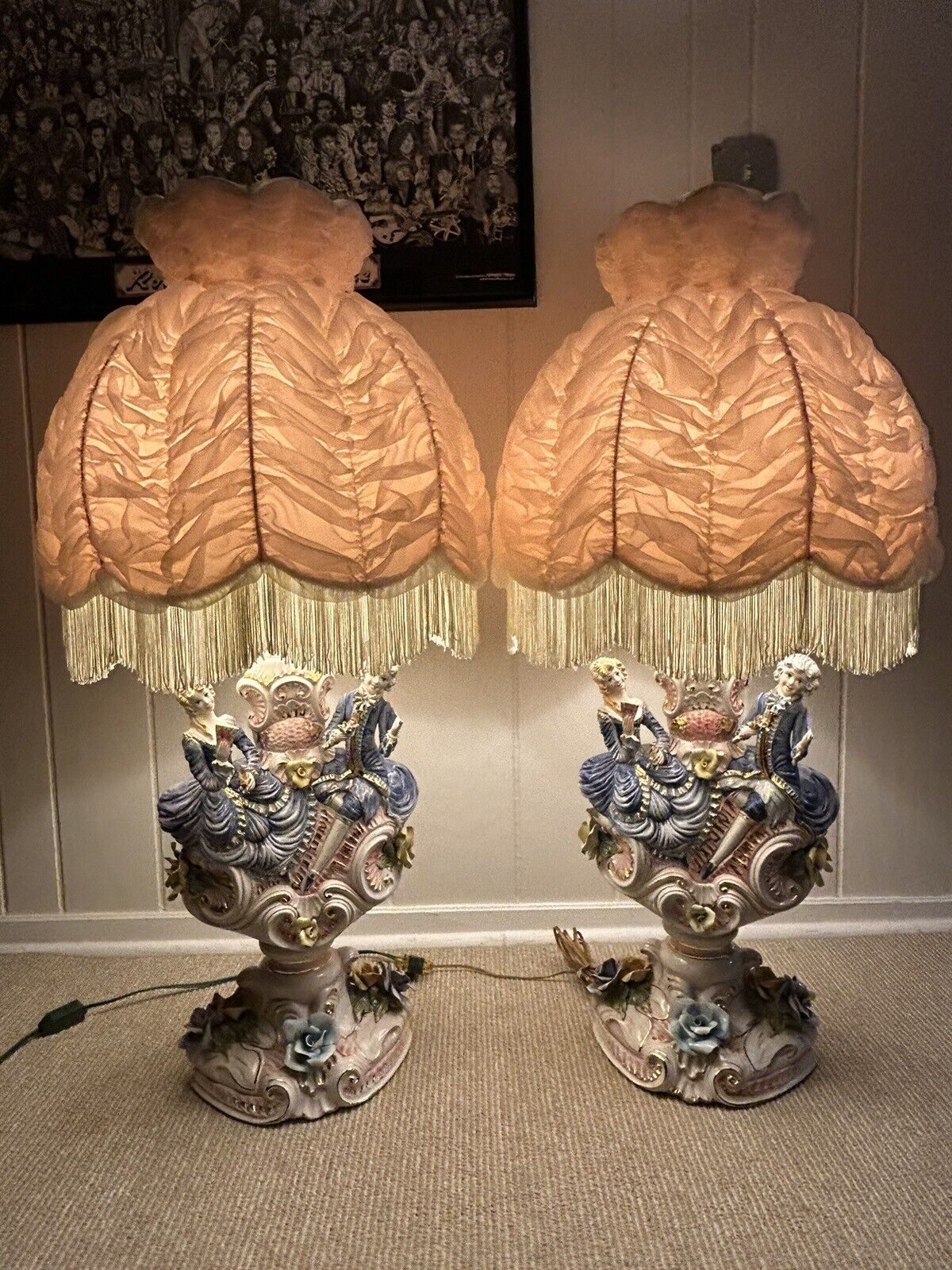 Vintage Set Capodimonte Figurine Lamps Pink Rouched Fringe Lampshades P/U 60453