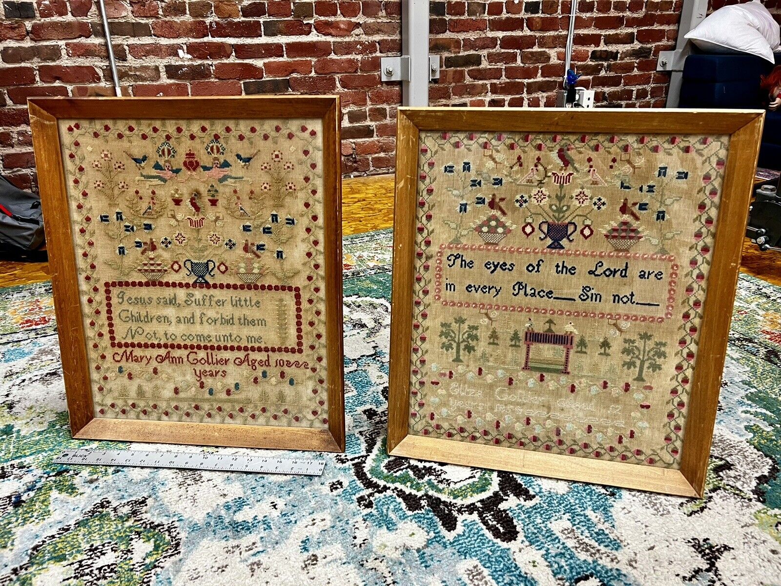 Two Antique Canadian Needlepoint Framed Samplers By Collier Sisters In 1854