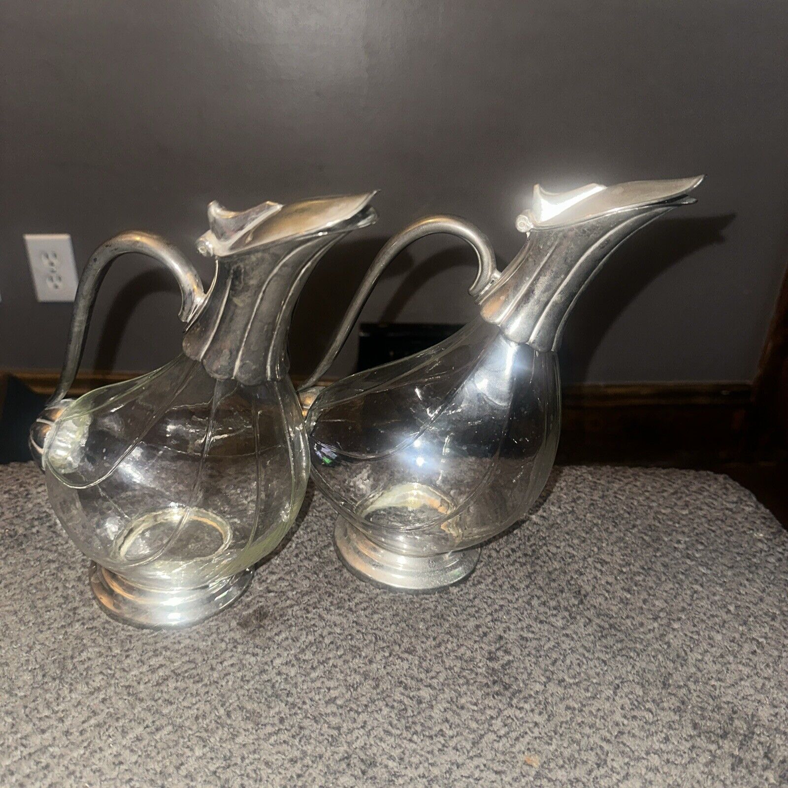 ECLECTIC Pair Clear Glass and Silver-Plated Duck Wine/Claret Decanter - VINTAGE