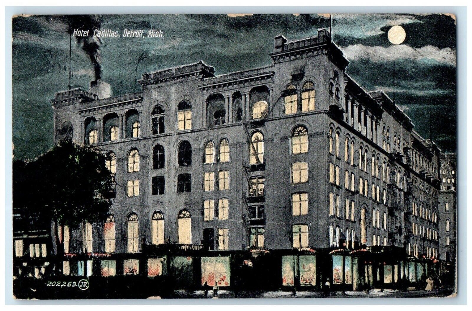 1910 Hotel Cadillac Night Moon Exterior View Building Detroit Michigan Postcard
