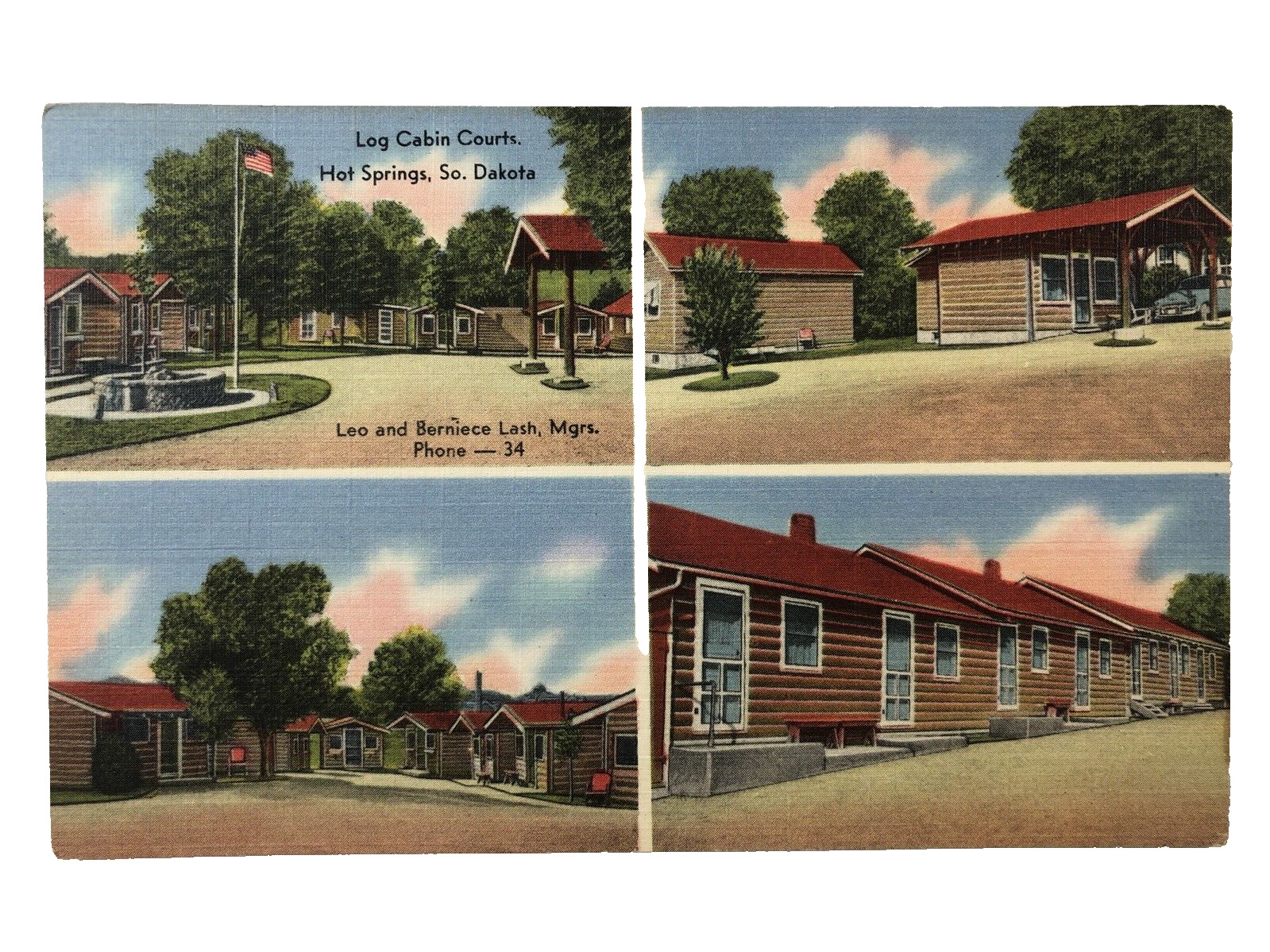 Linen Postcard Log Cabin Courts in Hot Springs, South Dakota Vintage 1958