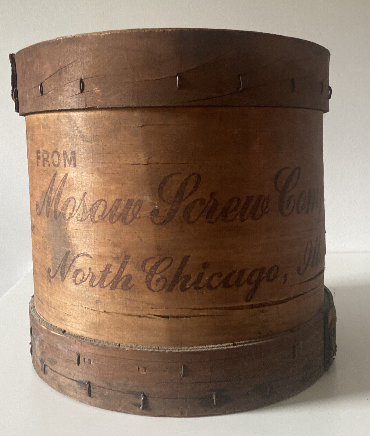 Antique Seymour & Peck Tu-Ply Wood Drum Barrel Moscow Screw Co. North Chicago