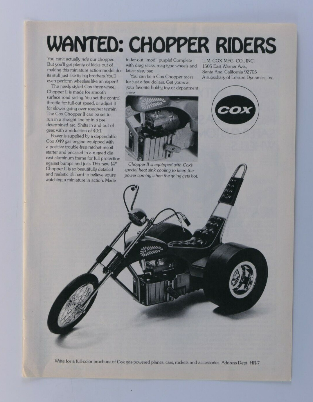  1973 COX Wanted  Chopper Riders Vintage Original Print Ad 8.5 x 11\