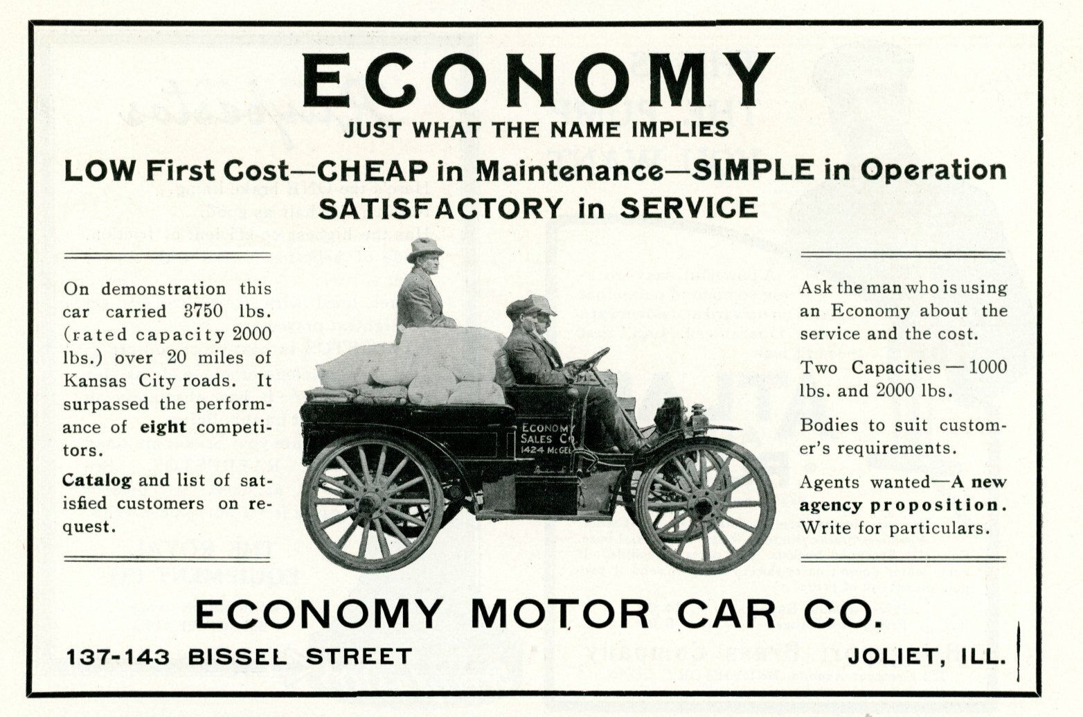 1911 Original Economy Motor Car Co. Ad. 1-Ton Truck (1908-1911)  Joliet Illinois