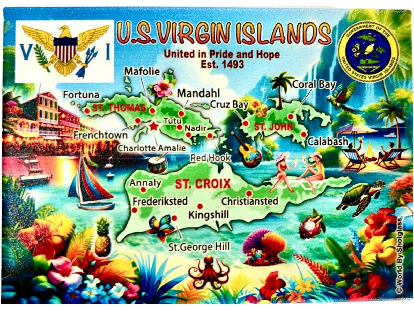 US Virgin Islands Graphic Map and Attractions Souvenir Fridge Magnet 2.5