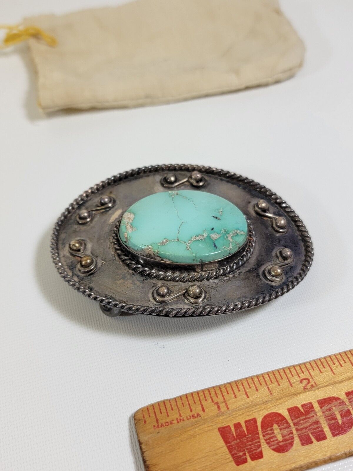 Vintage Hand Made Sterling Silver & Turquoise Belt Buckle Western Style 87 Grams