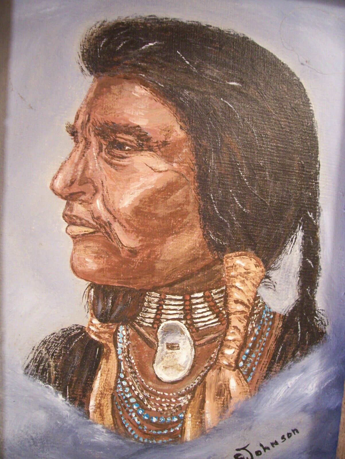 Southwestern art Native American Warrior Canvas Painting Signed by Artist 12 x 9