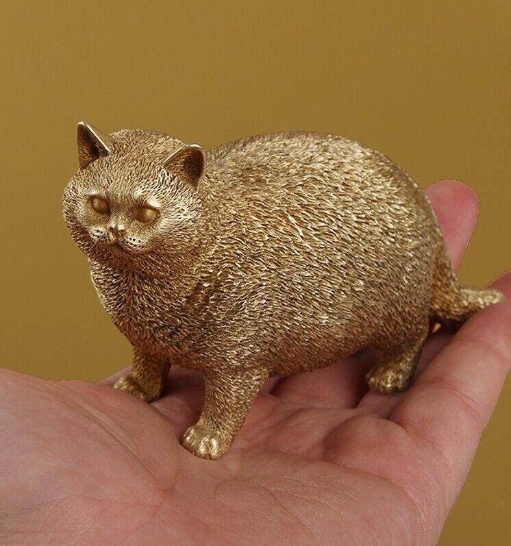 Brass Fat Cat Statue Cute Pet Animal Home Decor
