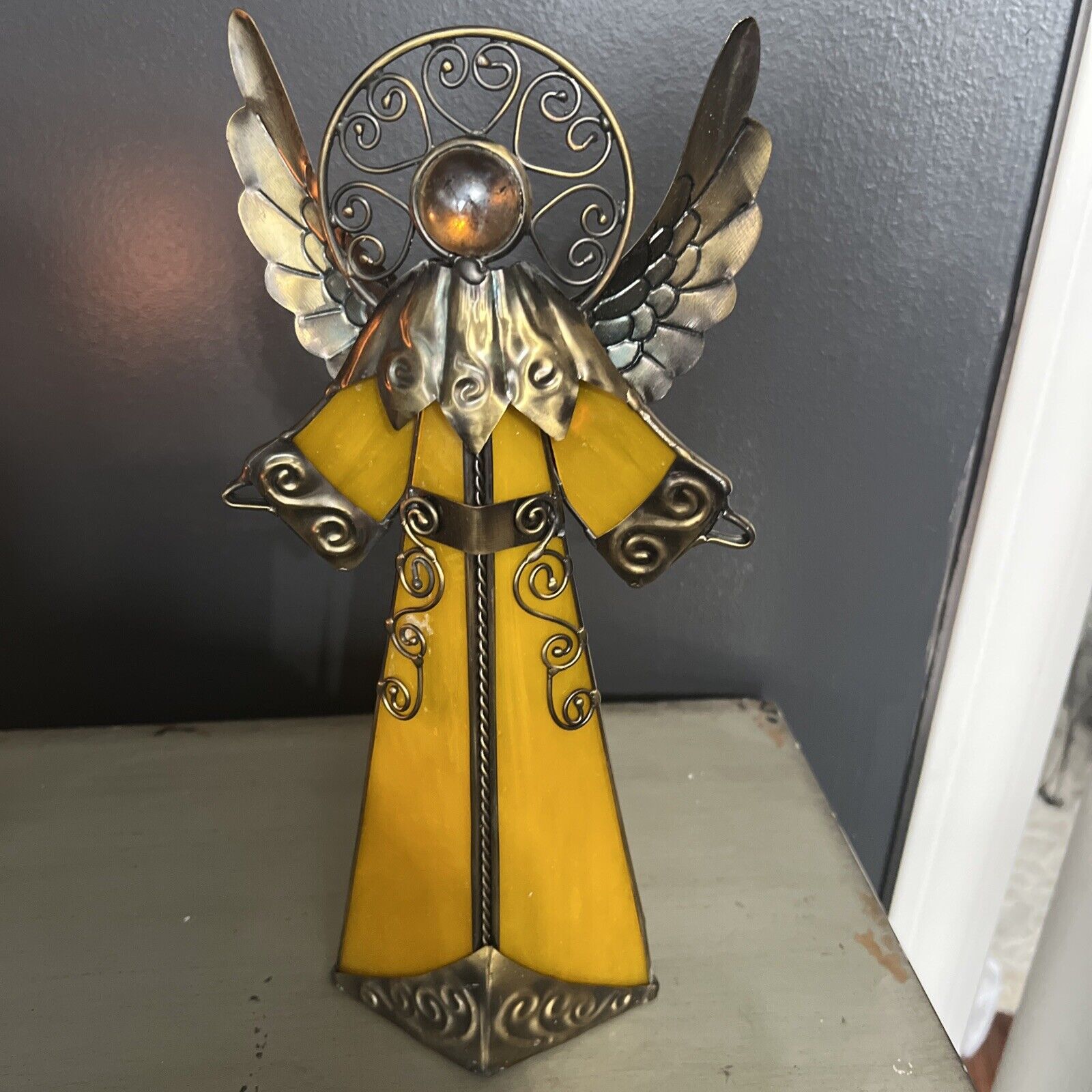 Vintage 1970s Stained Glass Angel Candle Holder 12.5 Yellow/orange in excellent