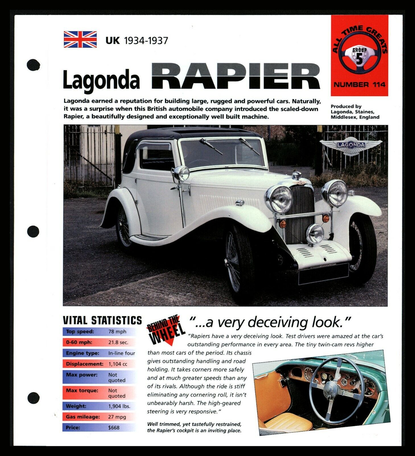 Lagonda Rapier (UK 1934-1937) Spec Sheet 1998 HOT CARS All Time Greats #5.114