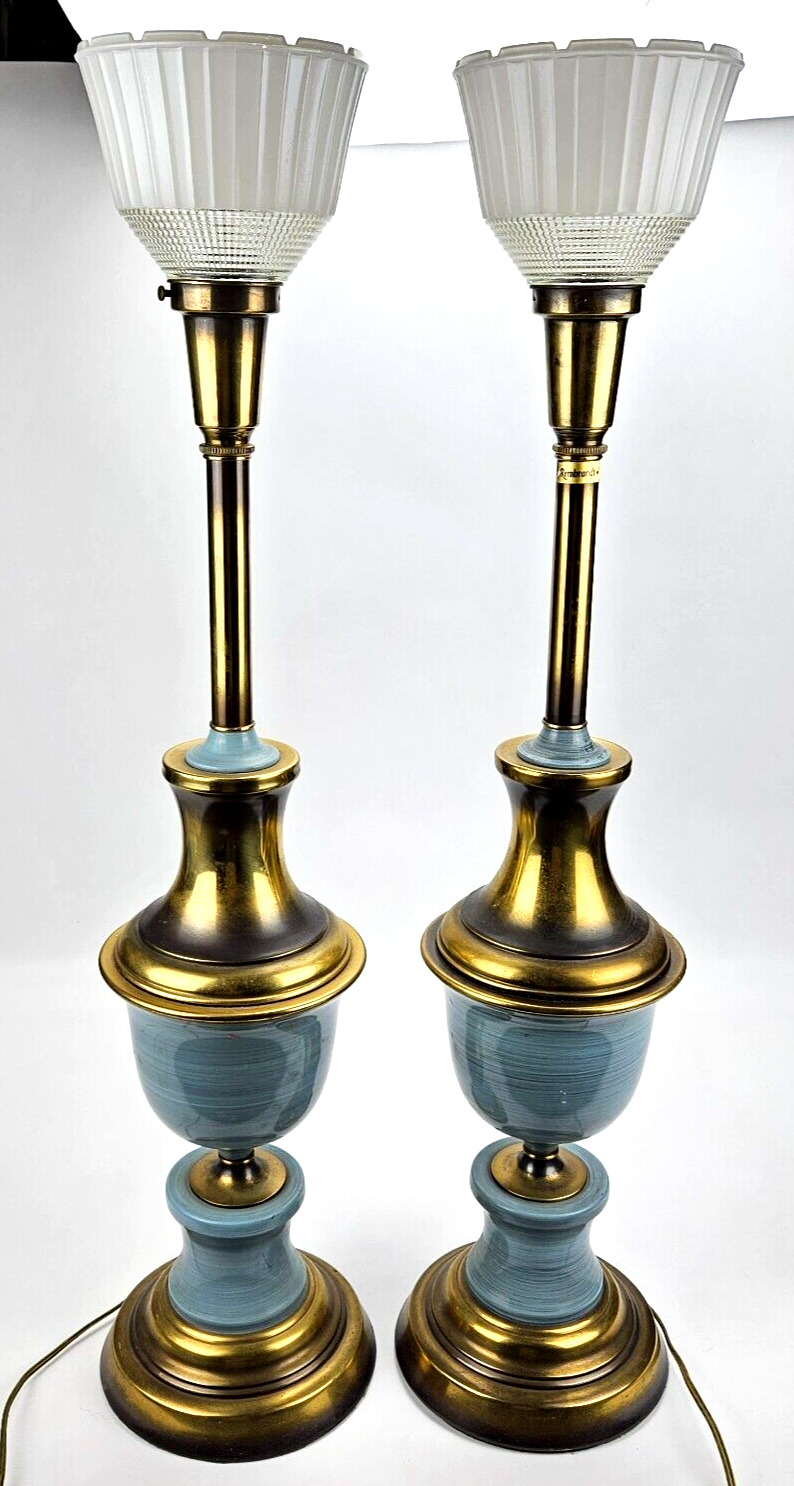 Vintage Pair of Rembrant Brass and Blue Torchiere Dimmable Table Lamps 33