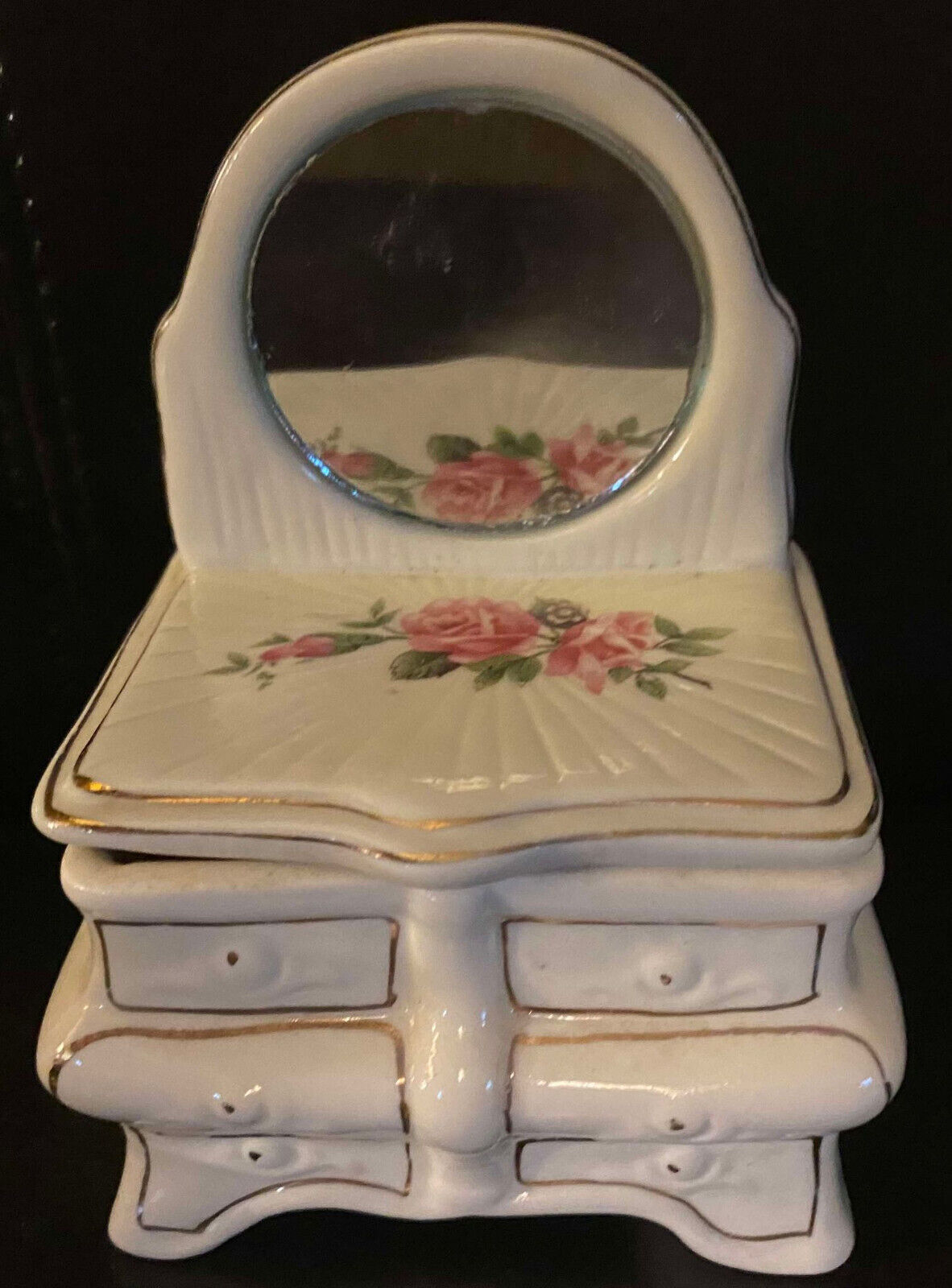 Vintage Victorian Ceramic Jewelry Box Dresser With Mirror, and Pink Rose Design