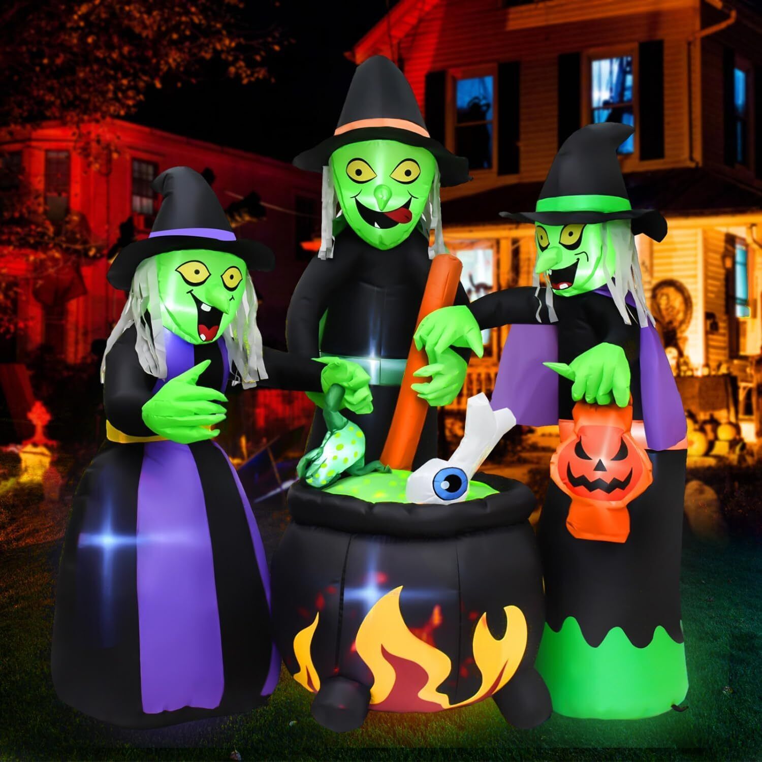 5.9FT Halloween Inflatable Three Witch Around Cauldron LED Flashing Yard Decor