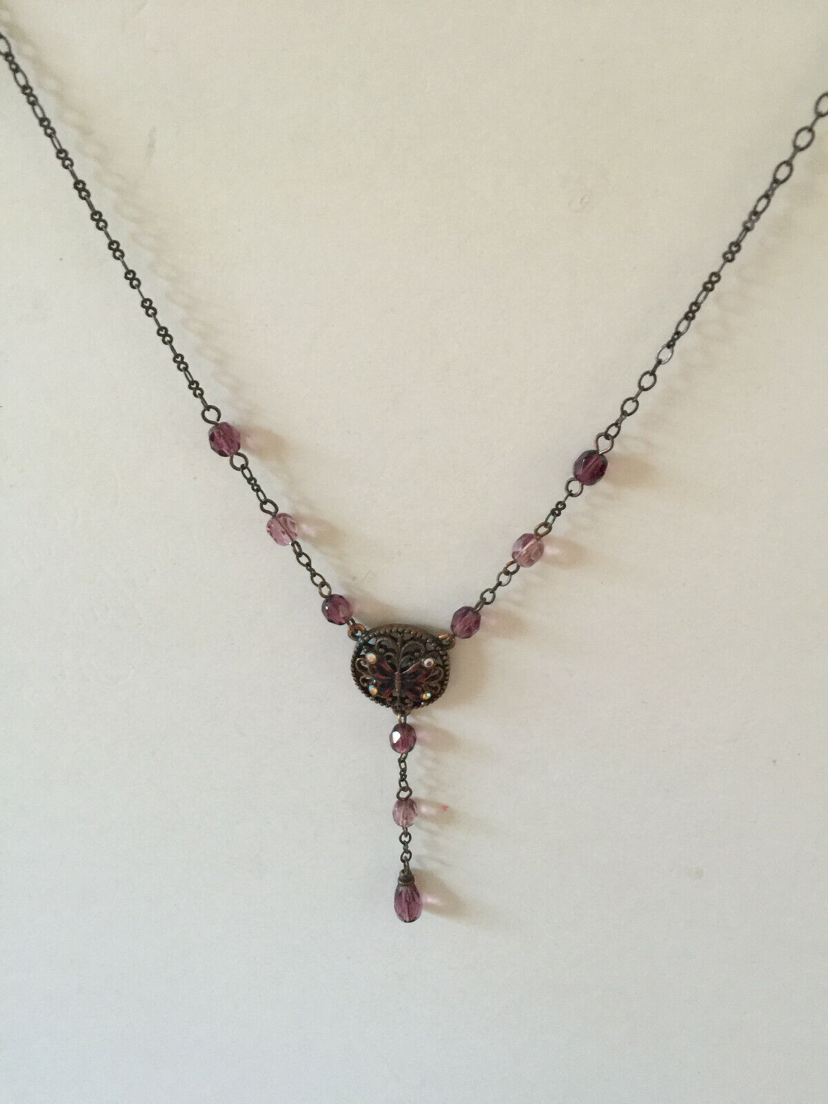 1928 Vintage silver purple crystal pendant station necklace