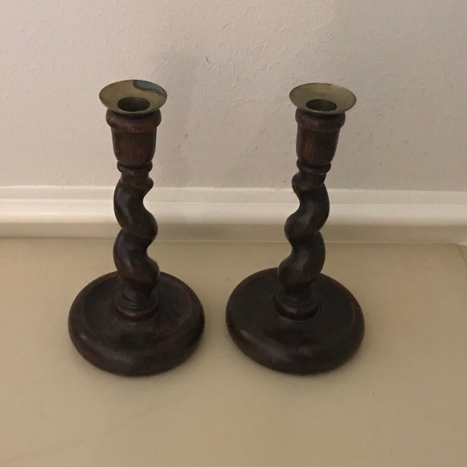 Antique English Pair Oak Barley-Twist Candle Holders  (Circa 1900)  8-1/2”height